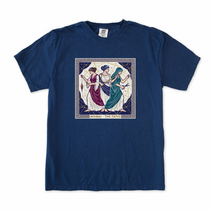Ancient Greek Moirai of fate t-shirt featuring three goddess mythology print.