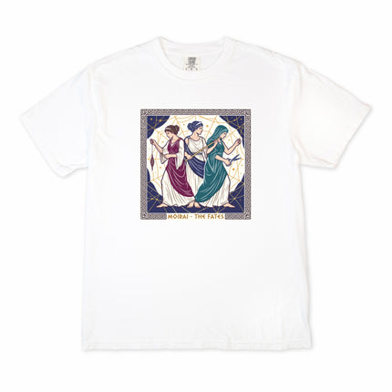 Moirai The Fates Greek mythology t-shirt featuring ancient goddess designs.
