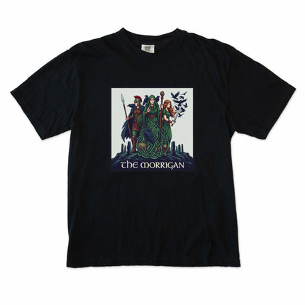 Morrigan Triple Goddess t-shirt graphic with Celtic raven art and Irish mythological designs.