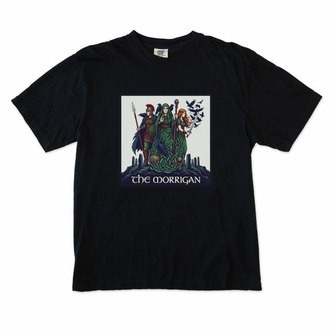 Morrigan Triple Goddess t-shirt graphic with Celtic raven art and Irish mythological designs.
