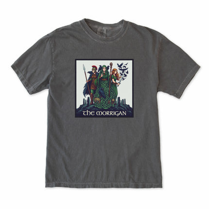 Celtic Morrigan Triple Goddess t-shirt design featuring Irish mythology ravens and Celtic art.