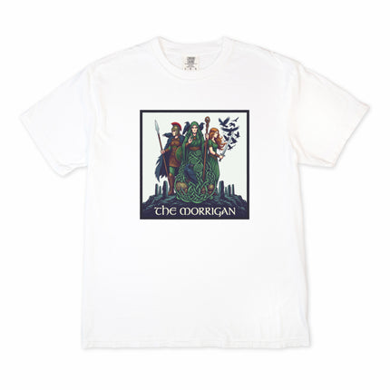 Morrigan Triple Goddess t-shirt graphic featuring Celtic knots and raven mythology art.
