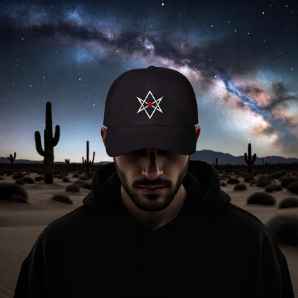 Black embroidered hexagram cap with red star, symbolizing Thelema and magick.