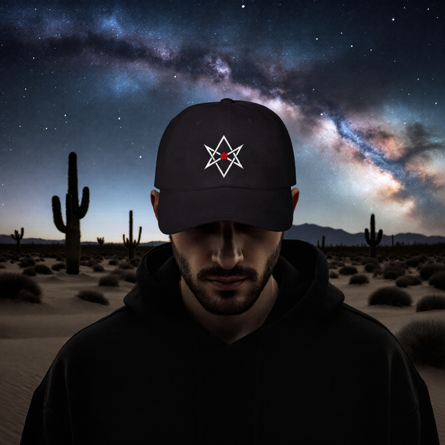 Black embroidered hexagram cap with red star, symbolizing Thelema and magick.