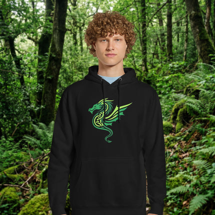 Green and black hoodie featuring a striking Celtic dragon print graphic design.
