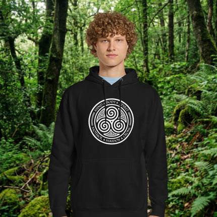 Celtic Triskelion symbol printed on a unisex pullover hoodie, representing Mother Maiden Crone energy.