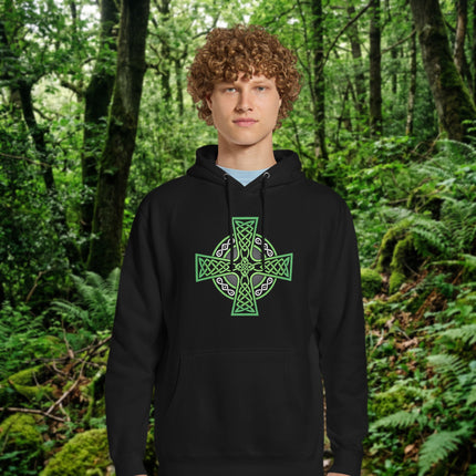 Green hoodie featuring a Celtic cross and intricate Irish knotwork design for ultimate pride wear.