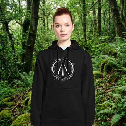 Celtic Awen symbol and land sea sky graphic on a unisex pullover hoodie sweatshirt.
