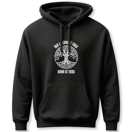 Black hoodie featuring the Celtic Tree of Life and Irish Gaelic "As Above So Below" design.
