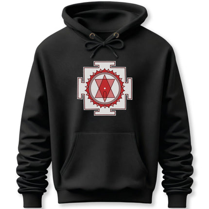 Black hoodie with red and white Tripura Sundari Yantra sacred geometry print.