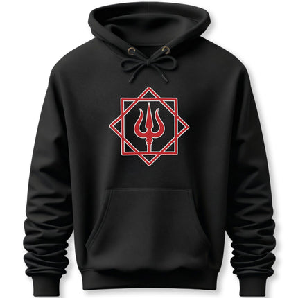 Geometric Trishula and Om symbol design on a black spiritual hoodie.