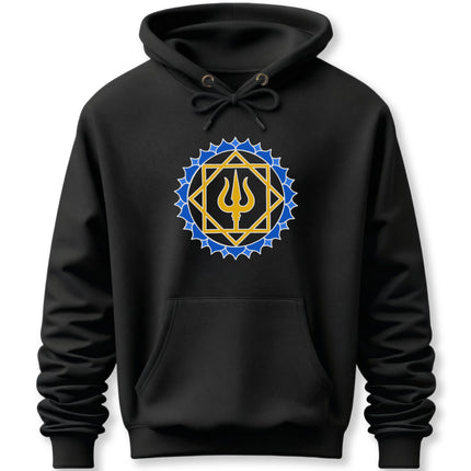 Geometric Shiva Trishula symbol on a black pullover hoodie.