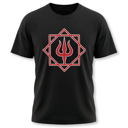 Red geometric trishula symbol graphic on a black t-shirt, representing Lord Shiva.