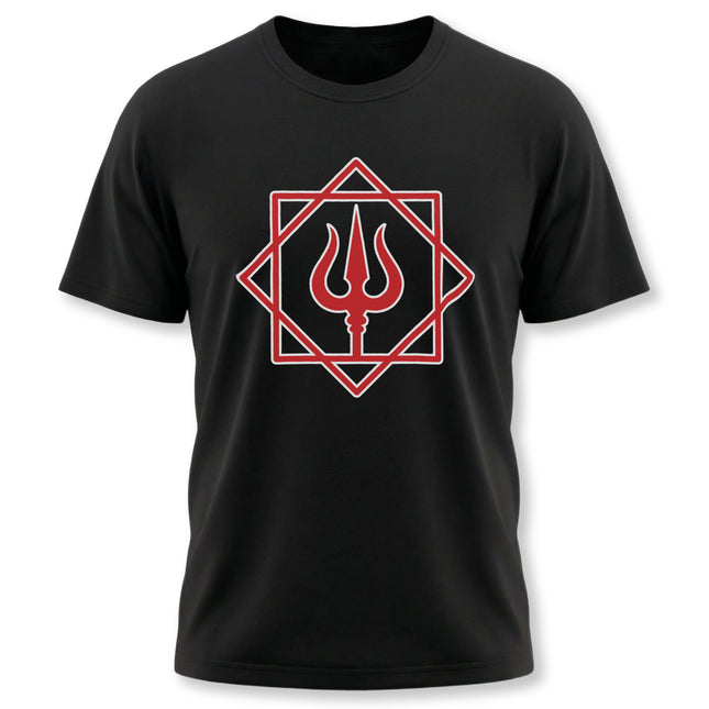 Red geometric trishula symbol graphic on a black t-shirt, representing Lord Shiva.