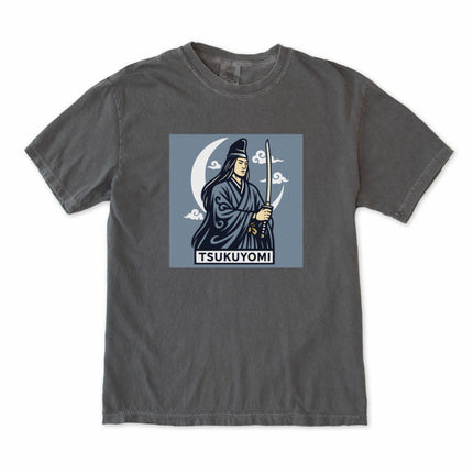 Tsukuyomi Japanese Moon God graphic t-shirt featuring sword and crescent moon design.