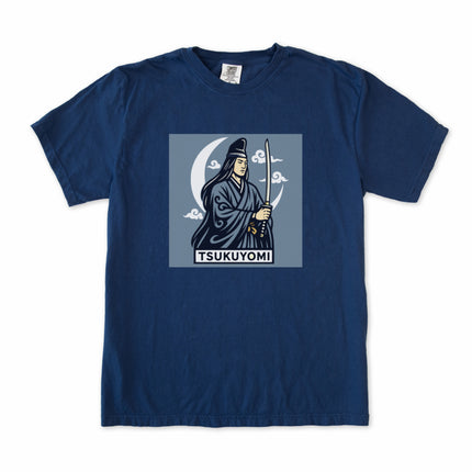 Tsukuyomi Moon God graphic t-shirt featuring a Japanese sword and crescent moon celestial design.