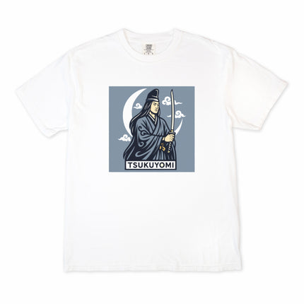 Tsukuyomi Japanese Moon God graphic t-shirt featuring swords and a crescent moon design.