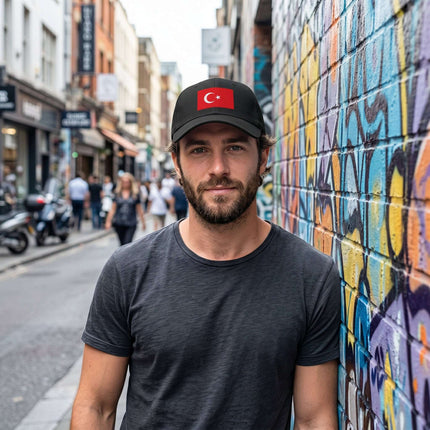 Black baseball cap featuring the Turkish flag crescent and star design.