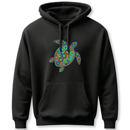 Vibrant Huichol tribal sea turtle mandala graphic on a black pullover hoodie.