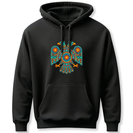 Vibrant Huichol two-headed eagle mandala art on a black pullover hoodie.
