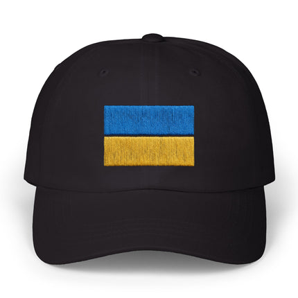 Black cap featuring embroidered blue and yellow Ukrainian flag.