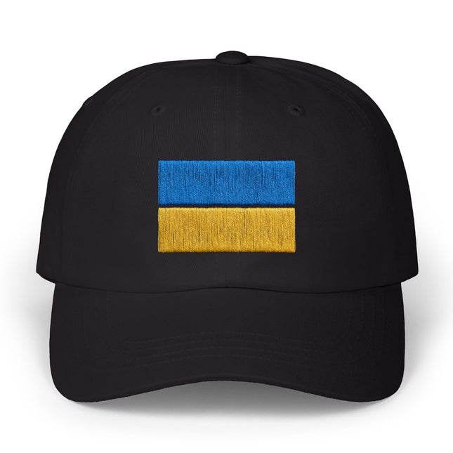 Black cap featuring embroidered blue and yellow Ukrainian flag.