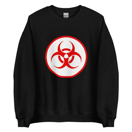 Black sweatshirt featuring a red biohazard symbol warning graphic design.