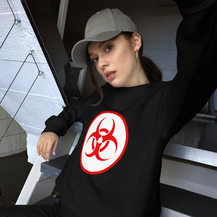Black pullover sweatshirt featuring a bold red biohazard warning sign graphic print.