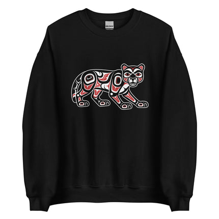 Northwest Coast cougar formline art graphic printed on a cozy pullover sweatshirt.