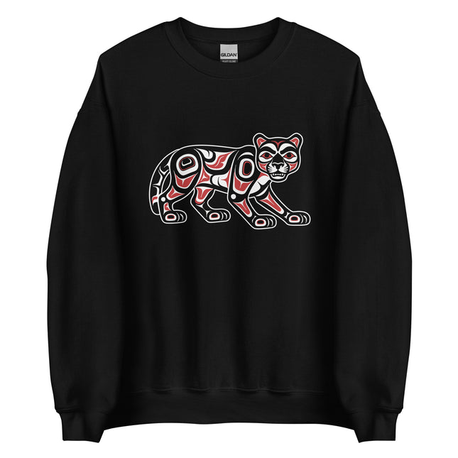 Northwest Coast cougar formline art graphic printed on a cozy pullover sweatshirt.