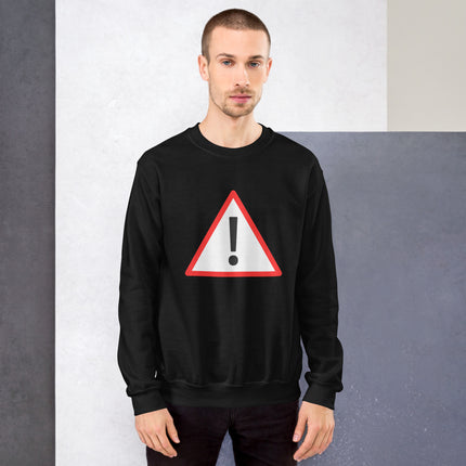 Danger warning sign sweatshirt featuring a bold yellow exclamation point graphic pullover design.