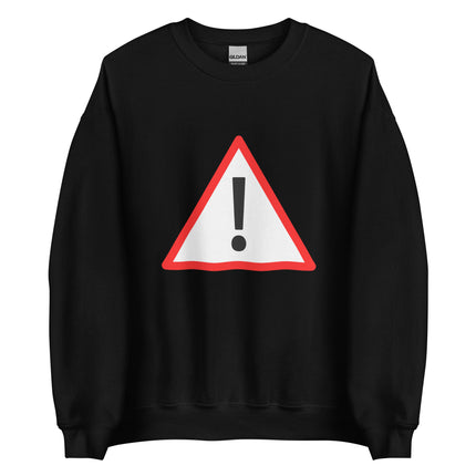 Danger warning sign graphic on a black pullover sweatshirt featuring an exclamation mark design.
