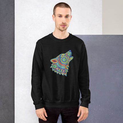 Rainbow huichol wolf howling sweatshirt featuring vibrant tribal geometric art pullover design.