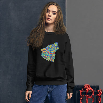 Rainbow wolf howling pullover featuring vibrant Huichol tribal art and geometric rainbow patterns.