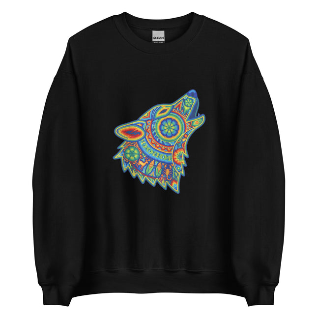 Huichol style rainbow wolf howling sweatshirt featuring tribal geometric art pullover.