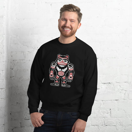 Sasquatch Bigfoot sweatshirt featuring Pacific Northwest indigenous style artwork.