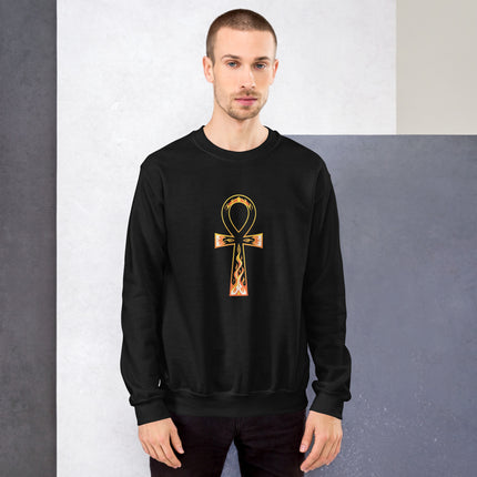 Flaming Ankh symbol graphic on a pullover sweatshirt featuring ancient Egyptian design elements.