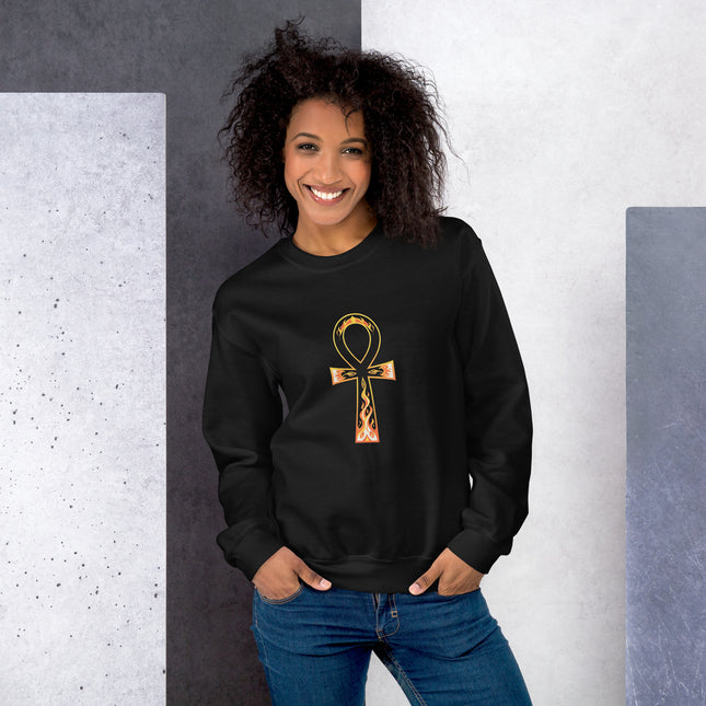 Ancient Egyptian flaming Ankh symbol graphic pullover sweatshirt.