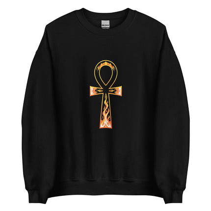 Flaming Ankh graphic sweatshirt featuring ancient Egyptian symbolism on a pullover design.