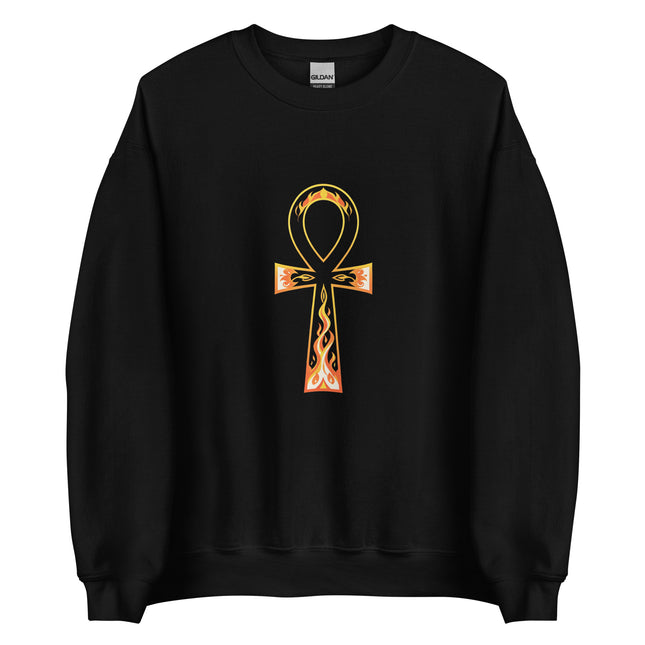 Flaming Ankh graphic sweatshirt featuring ancient Egyptian symbolism on a pullover design.