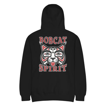 Red tribal bobcat spirit pullover hoodie featuring Native American style cat artwork print.