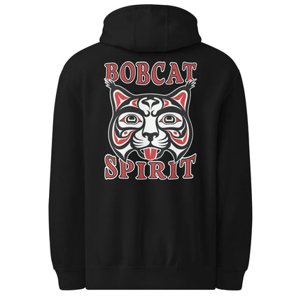 Red pullover hoodie featuring tribal bobcat art design for a spirit animal look.