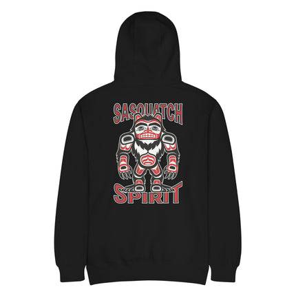 Native art Sasquatch Spirit design printed on a Bigfoot pullover hoodie back.