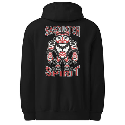 Sasquatch spirit native art back print on a comfortable pullover hoodie design.