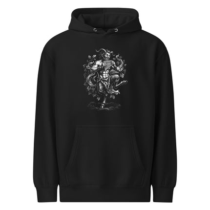 Pan satyr god dancing print on a Greek mythology themed pullover hoodie.