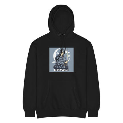 Tsukuyomi Moon God Japanese hoodie featuring samurai mythology, katana artwork, and celestial designs.