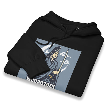 Samurai mythology hoodie featuring Tsukuyomi Moon God art, katana, and Japanese graphic print.