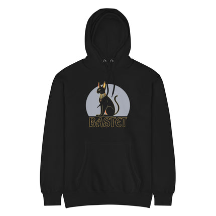 Ancient Egyptian Bastet cat hoodie featuring goddess graphics and text design on a unisex pullover fleece.