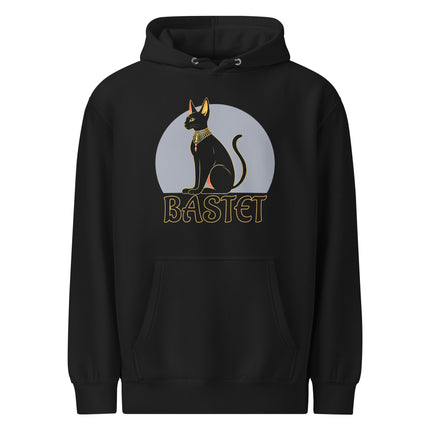 Ancient Egyptian Bastet cat graphic text pullover hoodie for unisex wear.