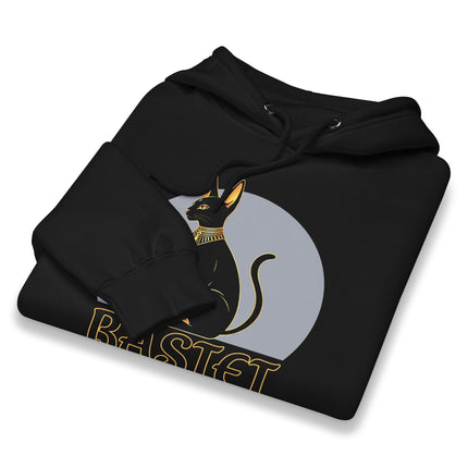 Bastet cat goddess hoodie with ancient Egyptian graphic print and text design.